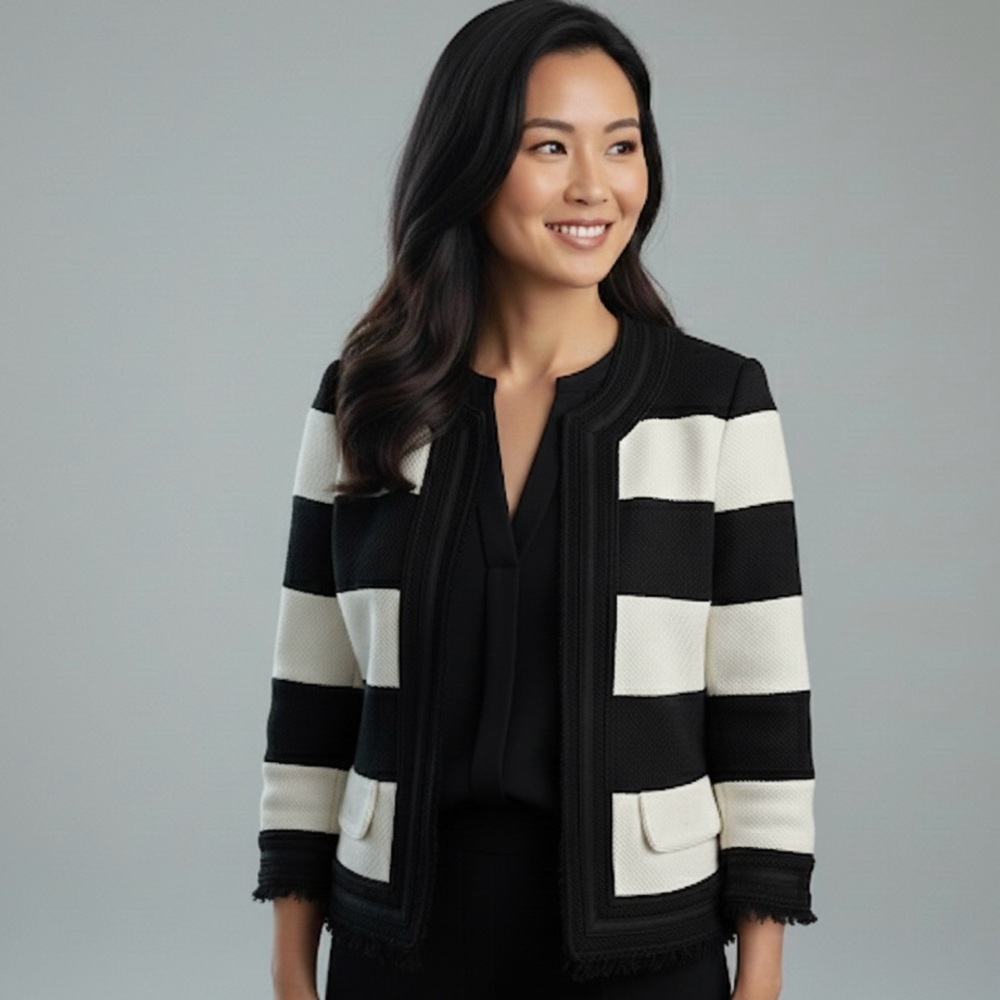 WHBM Tweed Business Blazer Office Wear Cropped, Striped Women's 0